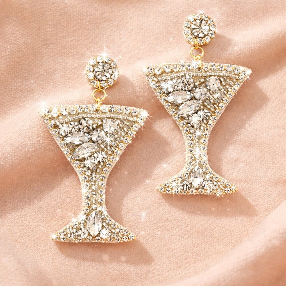 NEW Boston Proper SILVER Martini Cocktail Earrings Crystal Statement Jewelry